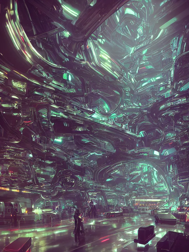 Image similar to futuristic gothic interior of a busy spaceport on an alien world, neon lighting and spotlights, intricate artwork by tooth wu and wlop and beeple. octane render, trending on artstation, greg rutkowski very coherent symmetrical artwork. cinematic, hyper realism, high detail, octane render