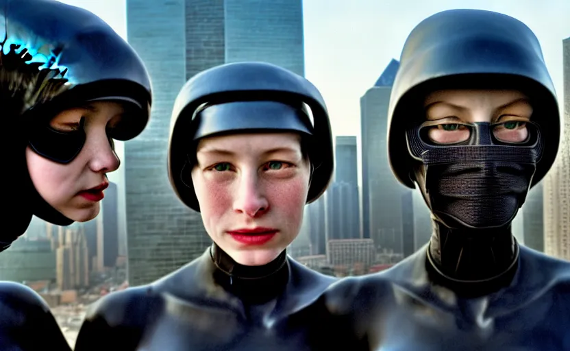 Image similar to cinestill 5 0 d photographic portrait by helen levitt of affection between two loving female cyborgs wearing black techwear in a retrofuturist garden, extreme closeup, modern cyberpunk, dust storm, 8 k, hd, high resolution, 3 5 mm, f / 3 2, ultra realistic faces, intricate detail, ex machina