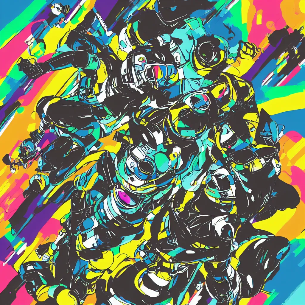 Image similar to people wearing helmets, ryuta ueda artwork, jet set radio artwork, stripes, gloom, space, cel - shaded art style, broken rainbow, data, minimal, speakers, code, cybernetic, dark, eerie, cyber