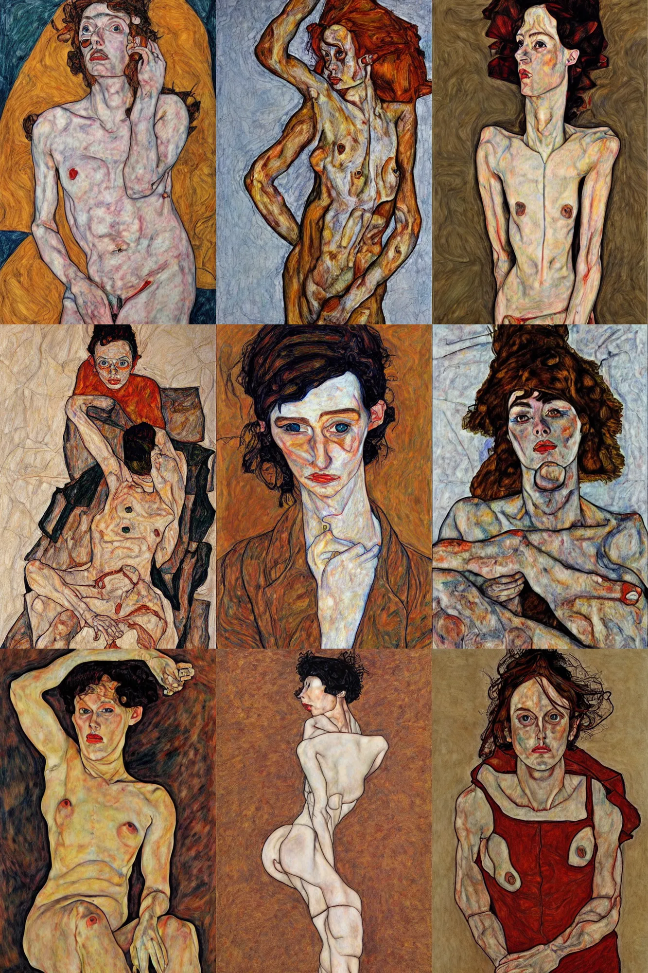 Prompt: a full body female character in style of egon schiele and heracut, photorealistic masterpiece, hyperdetailed, complex, intricate, 4 k, dynamic!!, distorted pose, contorted
