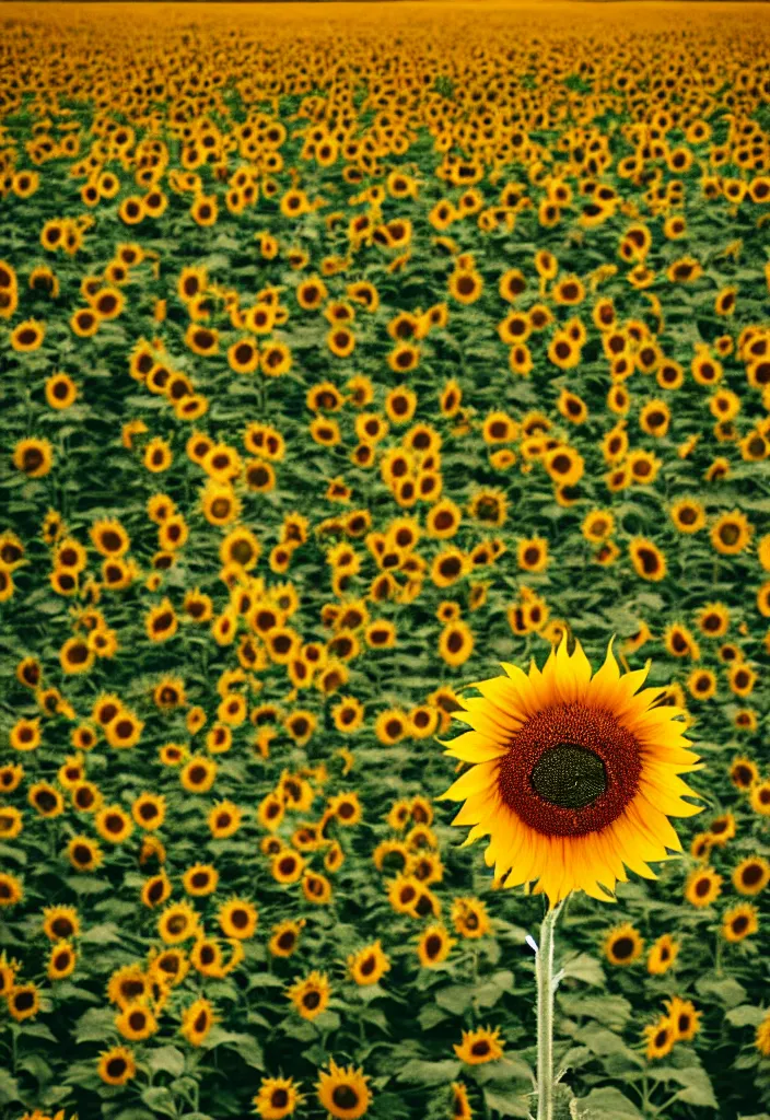 Image similar to A communist Propaganda Poster of a single sunflower in a vast dry field.