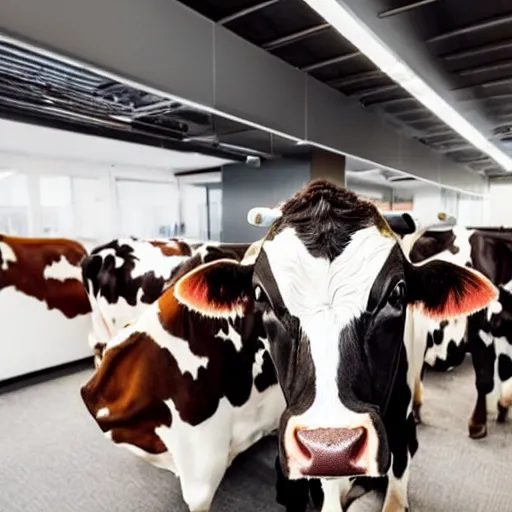 Prompt: cows wearing business suits, working in an office, extreme realistic, midday, professional, serious