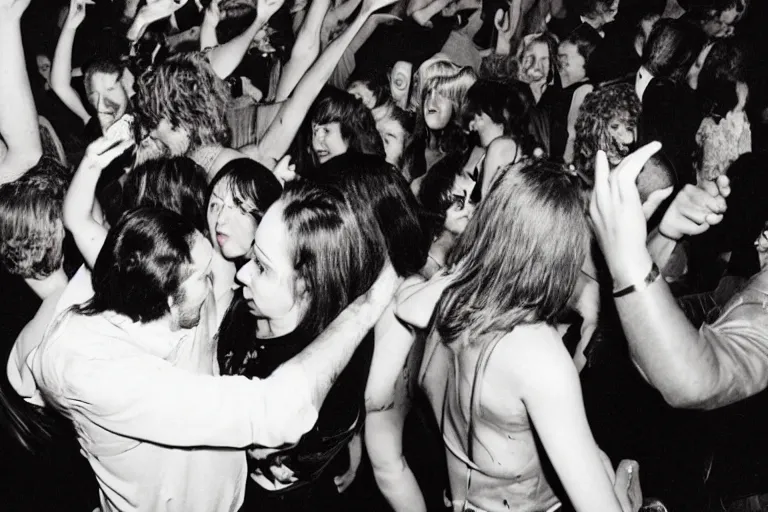 Image similar to people dancing in a club in the 70's, they're sweating, theynre hot, colored photography, flash photography, close up, 50mm lens