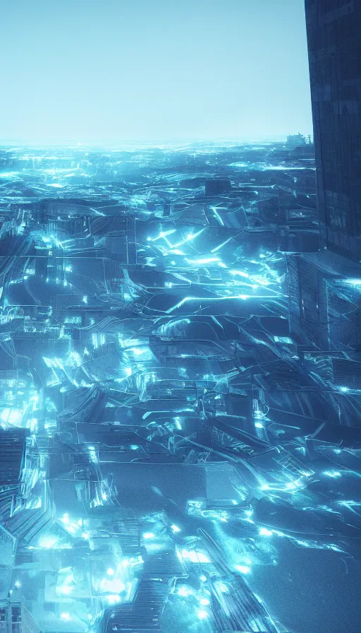 Image similar to a dystopian landscape made of electric blue eyes, Octane Render, cinematic