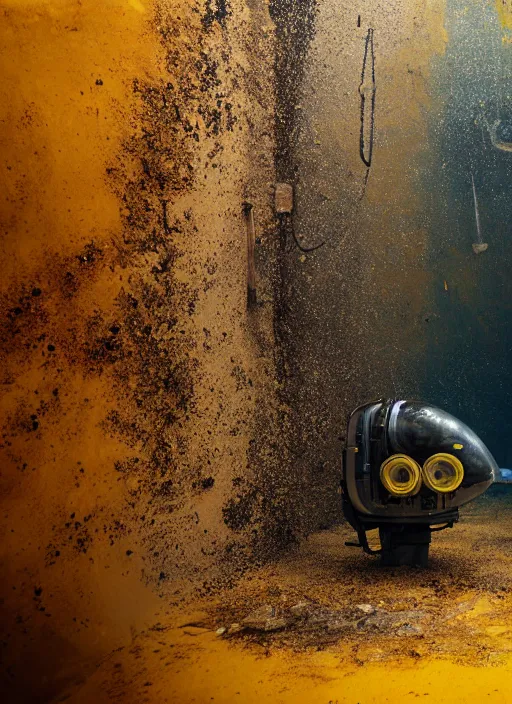 Image similar to a photorealistic dramatic hyperrealistic underwater render of an exosuit deep sea submersible, ultra realistic details, glossy yellow, well worn, rust, oil stains by vitaly bulgarov and mike nash, beautiful dramatic dark moody tones and lighting, cinematic atmosphere, studio lighting, global illumination, shadows, dark background, octane render, 8 k