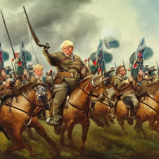 Image similar to found footage of general boris johnson leading his men into battle, glorified image, 8k, oil painting