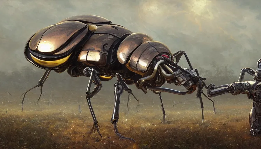 Prompt: a giant retrofuturistic hybrid beetle mantis harvesting bulbs of energy in a vast field of energy bulbs, robot metallic armor, clean design, science fiction, art by giger and greg rutkowski and hikari shimoda and edmund blair leighton and charlie bowater, trending on artstation, 8 k