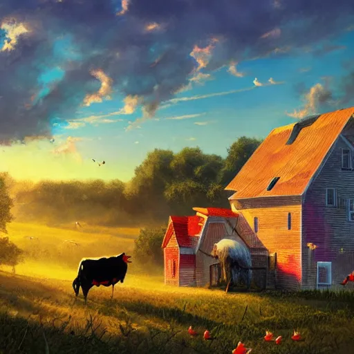 Image similar to sun rising over a farmhouse with a sleeping cow and a rooster crowing, concept art, illustrated, highly detailed, high quality, bright colors, optimistic,