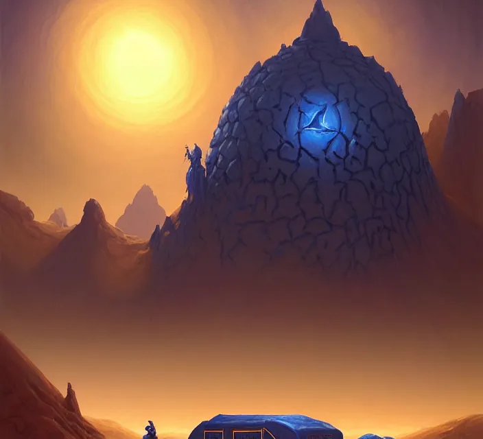 Prompt: subsurface scattering, a desert caravan rests at the blue oasis, the art of athas and dark sun, brom's dark sun art on a 7 0's style fantasy novel cover, digital painting by brom, amazingly detailed d & d art, concept art, intricate details, beautiful, volumetric lighting, ultrarealistic, cgsociety, square enix cinematic art