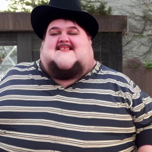 Prompt: obese, heavyset man who is wearing a fedora and has a neckbeard.