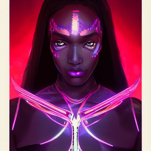 Image similar to african neon necromancer, science fiction, highly detailed, digital painting, beautiful eyes, symmetry, concept art, sharp focus, illustration, global illumination, radiant light, synthwave colors, detailed and intricate environment, art by artgerm and greg rutkowski and magali villeneuve and ilya kuvshinov!