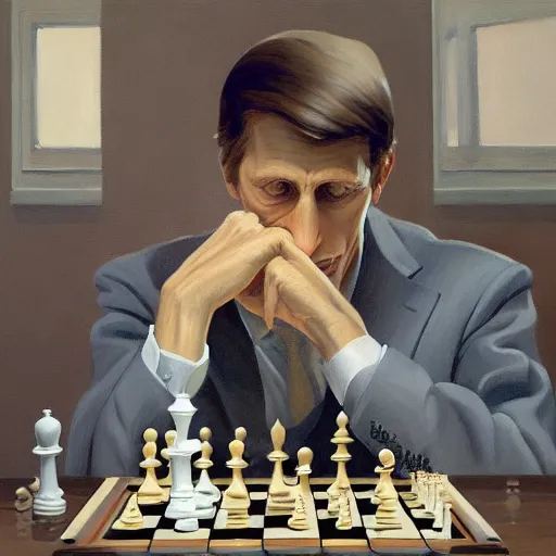 Prompt: Portrait of Mr. bobby fischer wearing a business suit playing chess, very coherent, painted by Edward Hopper, Wayne Barlowe, painted by James Gilleard, airbrush, art by JamesJean