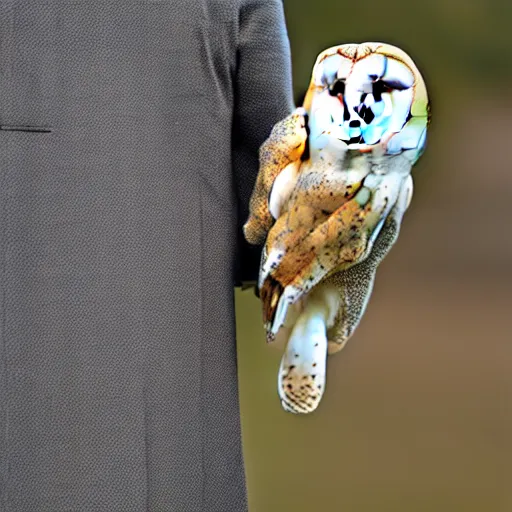 Image similar to barn owl in a suit, very detailed, album photo, canon shot