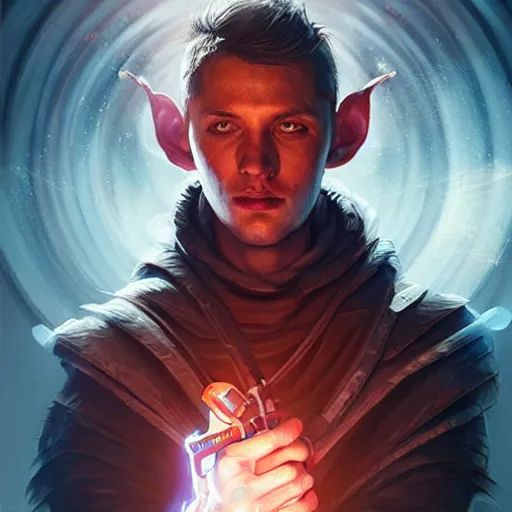 Prompt: A sorcerer wielding a futuristic weapon, digital illustration portrait, gorgeous lighting, wide angle action dynamic portrait, perspective shot, art by Sam Spratt-H 640