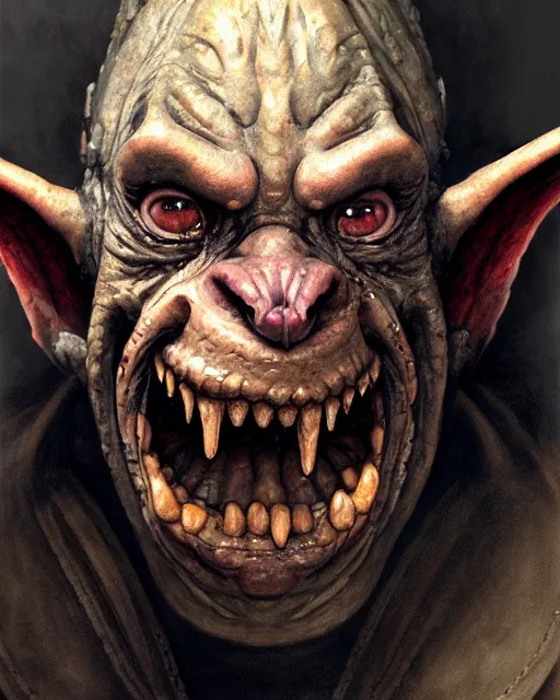 Prompt: closeup profile face portrait of a medieval goblin eating cakes in the cathedral, beautiful face, hyper realistic, highly detailed, digital painting, artstation, illustration, concept art by hyung tae, frank frazetta, bosch, giger, digital paint, matte paint, washed colors, dark, gloomy, detailed and intricate environment