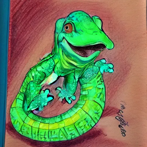 Prompt: watercolor and colored pencil drawing of herbert the happy lizard.
