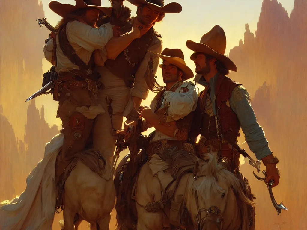 Image similar to ! dream attractive gunslinger and his handsome cowboy swordsman, they are in love, natural lighting, path traced, highly detailed, high quality, digital painting, by gaston bussiere, craig mullins, alphonse mucha, j. c. leyendecker