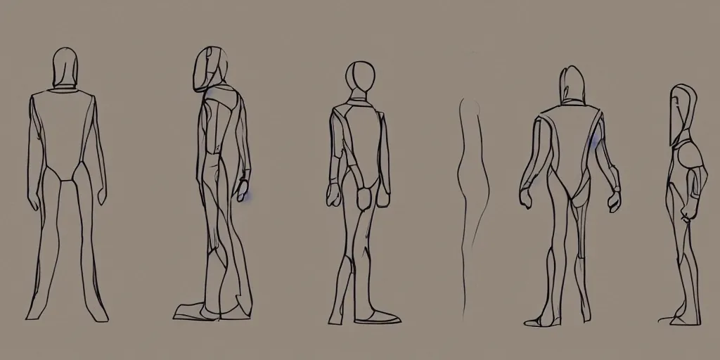 Image similar to male, elongated figure, space suit, minimalist sketch, large shoulders, short torso, long thin legs, tiny feet, character sheet, very stylized, concept design