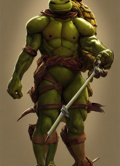 Image similar to elegant renaissance concept art of a male young muscular teenage mutant ninja turtle 1 9 9 0 film, full figure dynamic fighting pose, fantasy, intricate, highly detailed, digital painting, artstation, smooth, sharp focus, illustration, art by artgerm and greg rutkowski and alphonse mucha