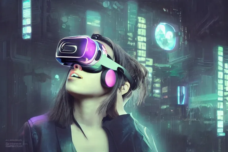 Image similar to a woman with a vr headset has a pill on her tongue and is hallucinating, cyberpunk art by keiichi koike, trending on cgsociety, retrofuturism, reimagined by industrial light and magic, darksynth, sci - fi