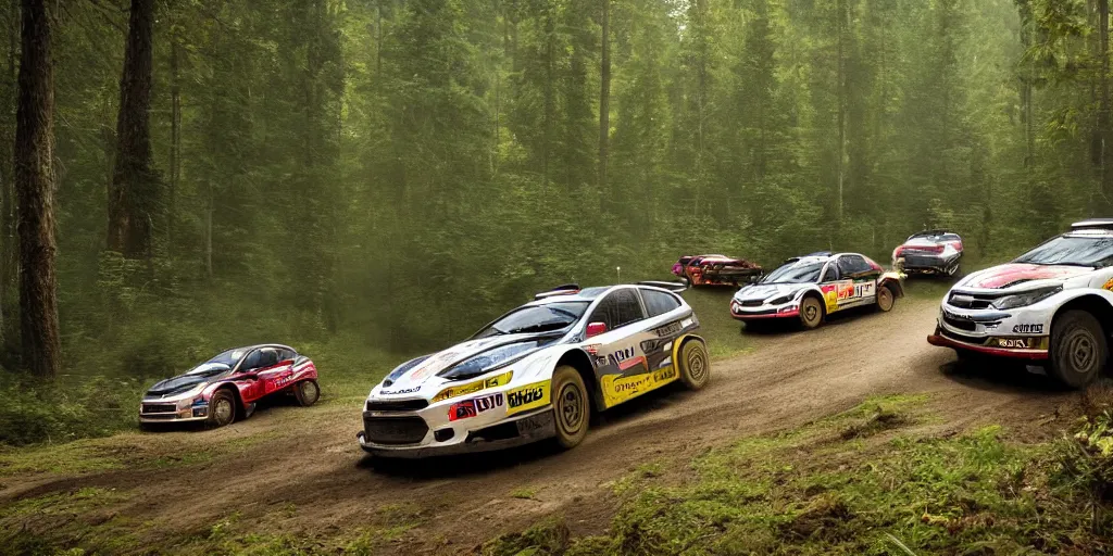 Image similar to 3 rally cars racing through a forest with a river behind them, sun shining through the trees, motion blur high detail ultra realistic 8k