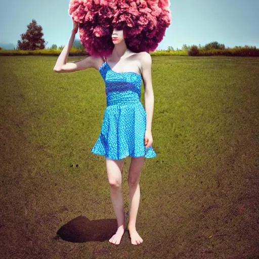 Image similar to giant flower head, full body, girl standing in front of house, surreal photography, symmetry, mid century, flat light, bright colours, blue sky, realistic, wes anderson