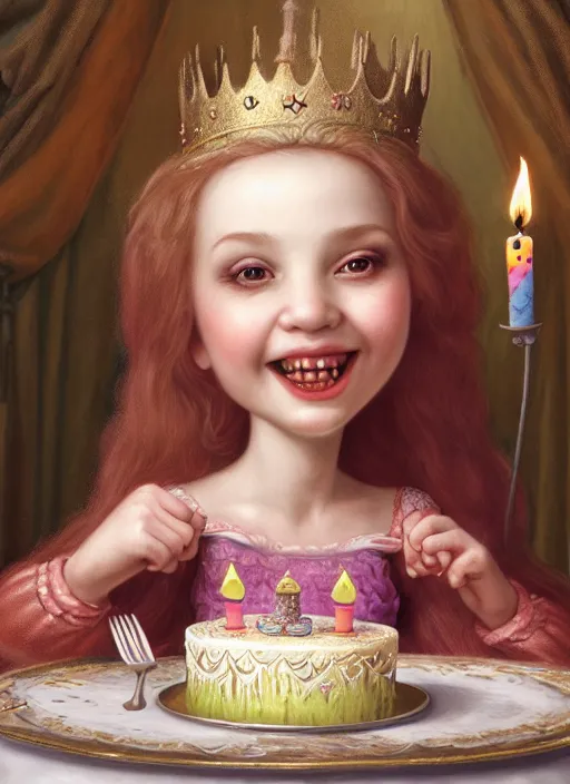 Image similar to highly detailed closeup portrait of a grinning fairytale medieval princess eating birthday cake, unreal engine, nicoletta ceccoli, mark ryden, lostfish, earl norem, global illumination, god rays, detailed and intricate environment