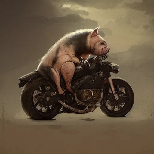 Image similar to A biker pig with a beard next to other biker animales bikers, hyperrealistic, greg rutkowski, trending in artstation, cinematographic