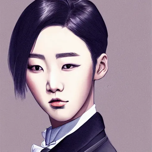 Image similar to portrait of a beautiful korean girl wearing a men's tuxedo, with short messy hair, men's haircut, angular features, angry expression, digital art, elegant pose, detailed illustration