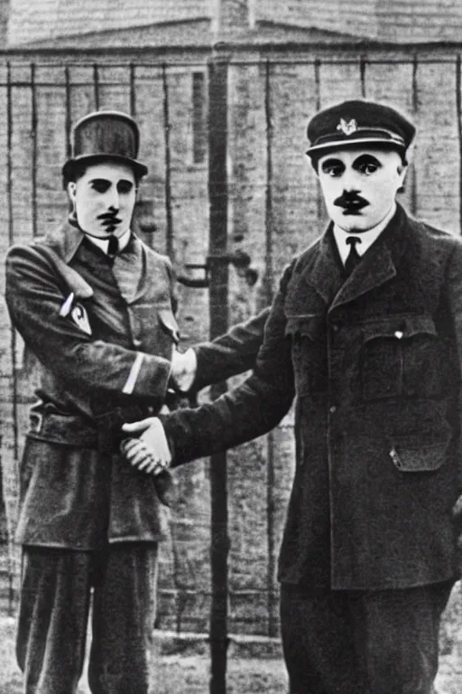 Image similar to a photograph of charlie chaplin and adolf hitler shaking hands in front of auschwitz gate, hitler, original photograph, rare