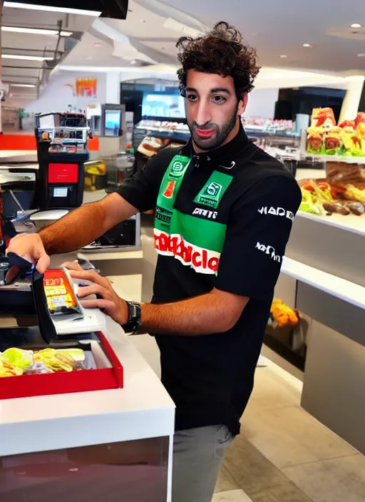 Prompt: photo of f 1 driver, daniel ricciardo, working as a cashier at mcdonalds