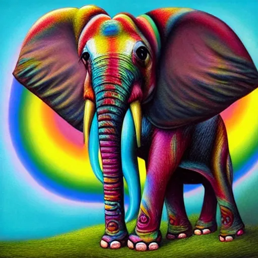 Prompt: a surreal picture of a rainbow - coloured elephant by mark ryden insanely quality, elegant, highly detailed, digital painting, artstation, concept art, pop, smooth, sharp focus, illustration, art by mark ryden and lisa frank and dali 3 d 8 k ultra detailed