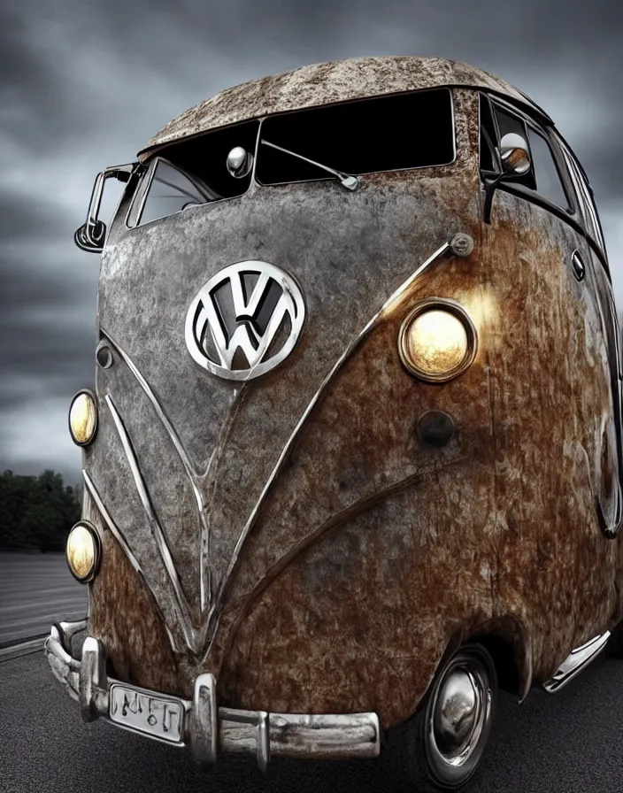 Prompt: ultra realistic steampunk volkswagen bus, dramatic lighting, driving on autobahn, alexander mcqueen