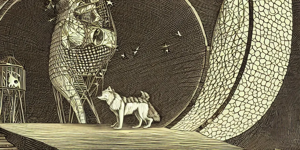 Image similar to anthropomorphic furry wolf inside a giant automaton tower that tracks the stars, illustration