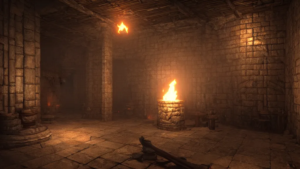 Image similar to delicious torch lit prison dungeon jail cell atmospheric unreal engine hyperreallistic render 8k character concept art masterpiece screenshot from the video game the Elder Scrolls V: Skyrim moody orange 2700K global illumination