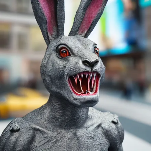 Image similar to a realistic sculpture made out of jelly of a very scary bunny with sharp teeth made by michelangelo, standing in times square, 3 d render, hyper detailed, sharp focus, 8 k resolution