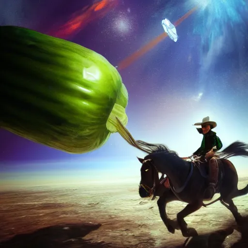 Prompt: Cowboy riding a giant pickle through outer space, volumetric lighting, digital painting, artstation, very detailed, hyperrealistic