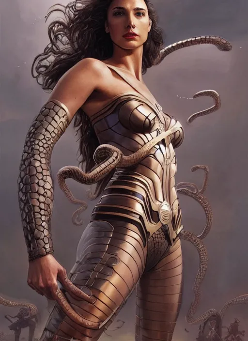 Image similar to Medusa Gal Gadot, mechanical snakes of different sizes, detailed face, very detailed, dramatic lighting, electrical details, high details, 4k, 8k, trending on artstation, by Greg Rutkowski, Wayne Barlowe, Hajime Sorayama and Boris Vallejo