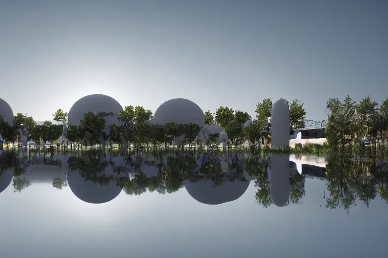 Image similar to many white round spherical buildings are crowded and combined to form a building on the calm lake, by pierre bernard, on the calm lake, people's perspective, future, interior wood, dusk, unreal engine highly rendered, global illumination, radial light, internal environment