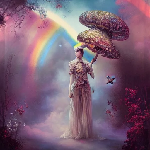 Prompt: Inspired Tom Bagshaw, ultra realist soft paint of a curiosity carnival with mushrooms and butterflies, full long dress, focus, very intricate details, ominous sky, rainbow lighting, volumetric clouds, god rays
