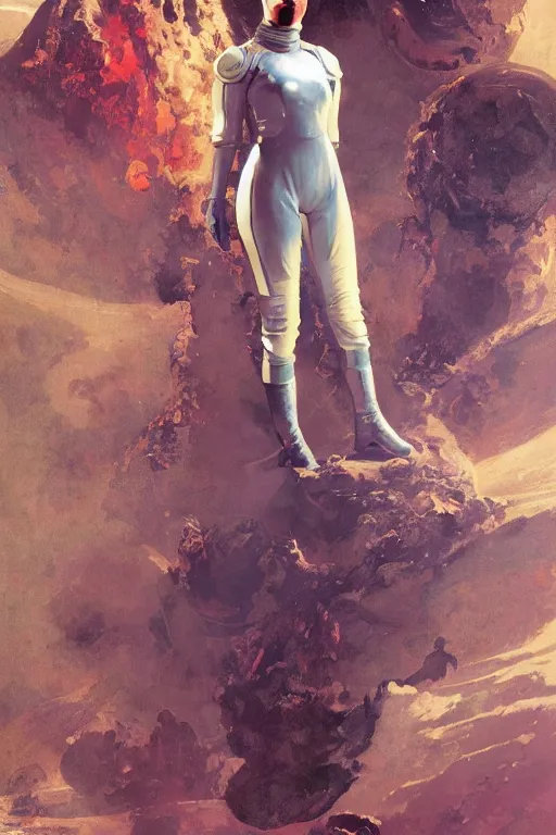 Prompt: pulp scifi fantasy illustration full body portrait of elegant woman wearing latex spacesuit on alien planet, by norman rockwell, jack kirby, bergey, craig mullins, ruan jia, jeremy mann, tom lovell