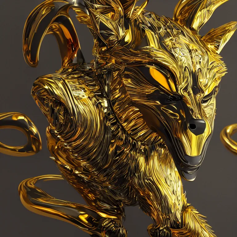 Image similar to chrome and gold wolf, glossy, metallic, neon, symmetrical, tribal patterns, realistic, unreal engine, octane, redshift, artstation, behance