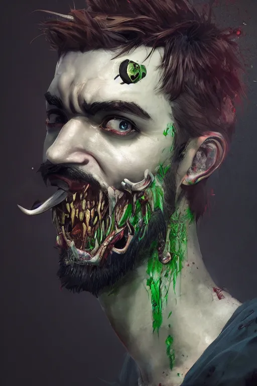 Image similar to A fancy portrait of a zombified YouTuber jacksepticeye by Greg Rutkowski, Sung Choi, Mitchell Mohrhauser, Maciej Kuciara, Johnson Ting, Maxim Verehin, Peter Konig, Bloodborne, 8k photorealistic, cinematic lighting, HD, high details, dramatic, dark atmosphere, trending on artstation