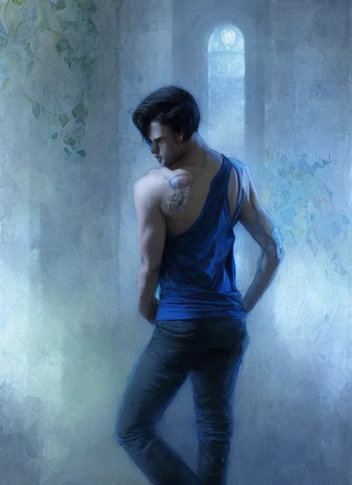 Image similar to handsome young man with short black hair, male, dressed in blue, looking down, half body shot, arms down, path traced, highly detailed, high quality, digital painting, bastien lecouffe - deharme, mucha