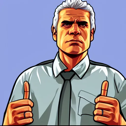 Prompt: yair lapid as a GTA v character. GTA v loading screen illustration by martin ansin, matt bors