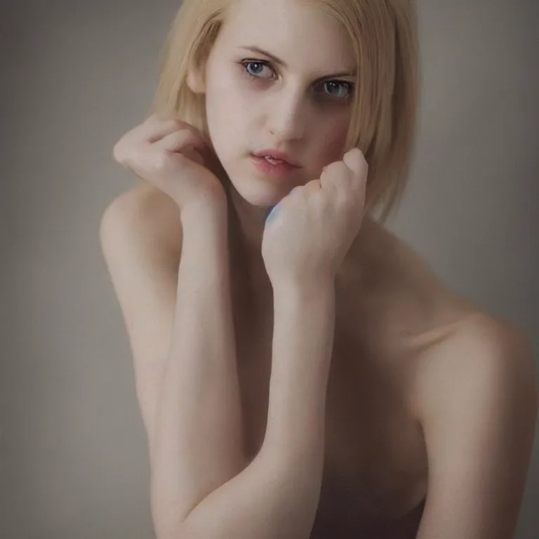 Image similar to cute annie leonhart in a professional photo studio, beautiful face, pale skin, rule of thirds, cinematic lighting, rainy weather, melancholy atmosphere, sharp focus, backlit, stunning, model agency, smooth, hard focus, full body shot, instagram photo, shot on iphone 1 3 pro max, hyper realistic,