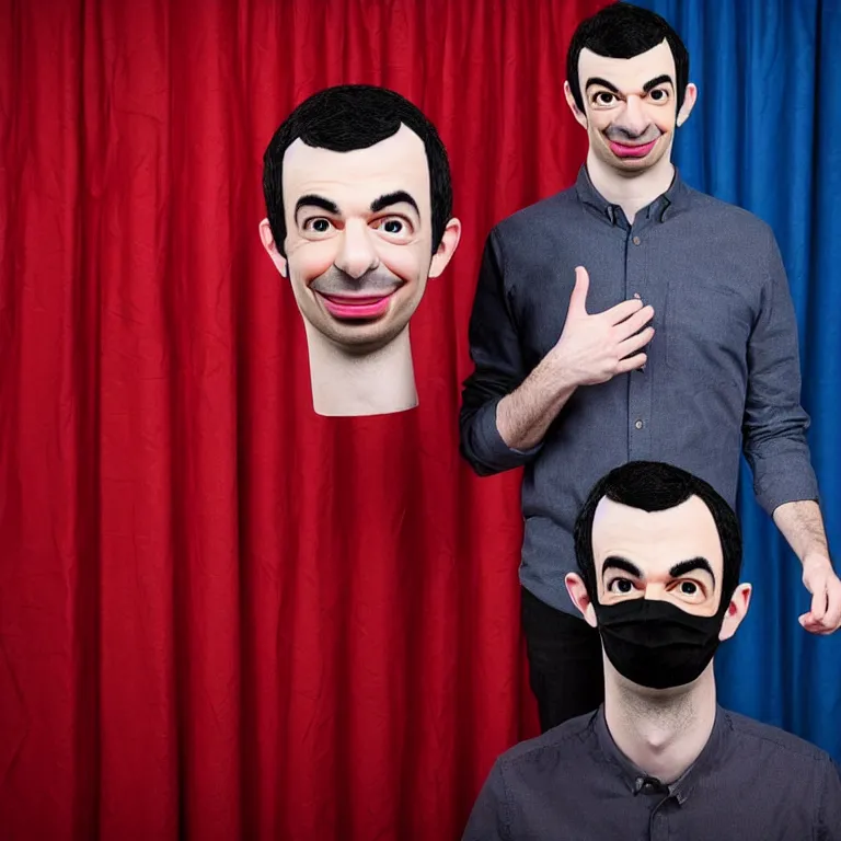 Image similar to focused dslr medium shot photograph of nathan fielder from nathan for you on comedy central wearing a paper mache mask of nathan fielder's face on a stage with a red curtain, meta, fractal, trippy, high detail!!! 8 k!!!!, photorealism!!!, sharp focus!!! coherent!!!