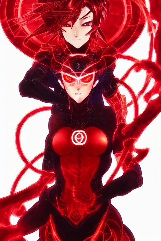 Image similar to anime key visual of a beautiful female red lantern!! intricate, red and black suit, glowing, powers, rage, anger, hate, dc comics, cinematic, stunning, highly detailed, digital painting, artstation, smooth, hard focus, illustration, art by artgerm and greg rutkowski and alphonse mucha