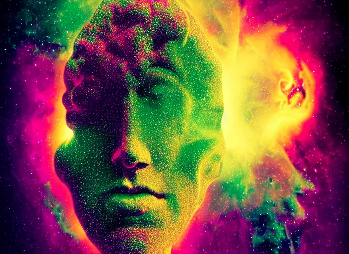 Prompt: portrait of a brain in a nebula, colorful, modern art deco, mads berg, karolis strautniekas, stippled light, fine texture, editorial illustration, dramatic lighting, dynamic composition, detailed, matte print, dynamic perspective