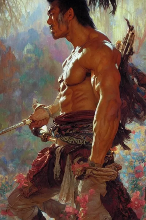 Image similar to attractive muscular man, wuxia, colorful, painting by gaston bussiere, craig mullins, greg rutkowski, alphonse mucha